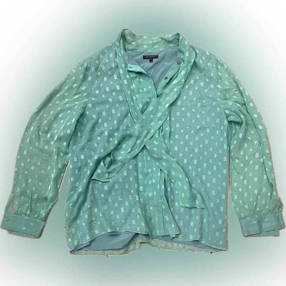 St. John 100% Silk Ruffle long sleeve tie Aqua Color size 14
